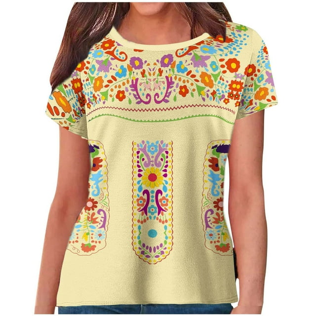 Birdeem Blouses pour Femmes Style Ethnique Rétro Imprimé Manches Courtes Col Rond