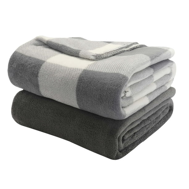 Mainstays Fleece Plush Throw Blanket, 50" x 60", Gray Plaid, 2Pack