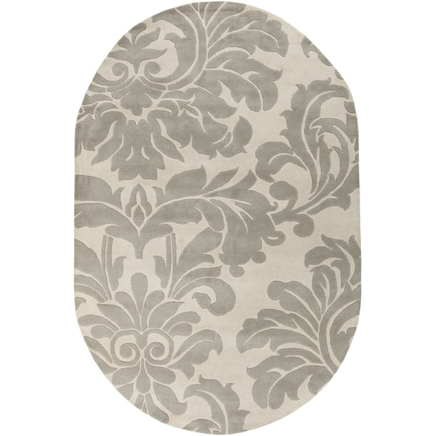 6' x 9' Falling Leaves Damask Gray and White Oval Wool Area Throw Rug