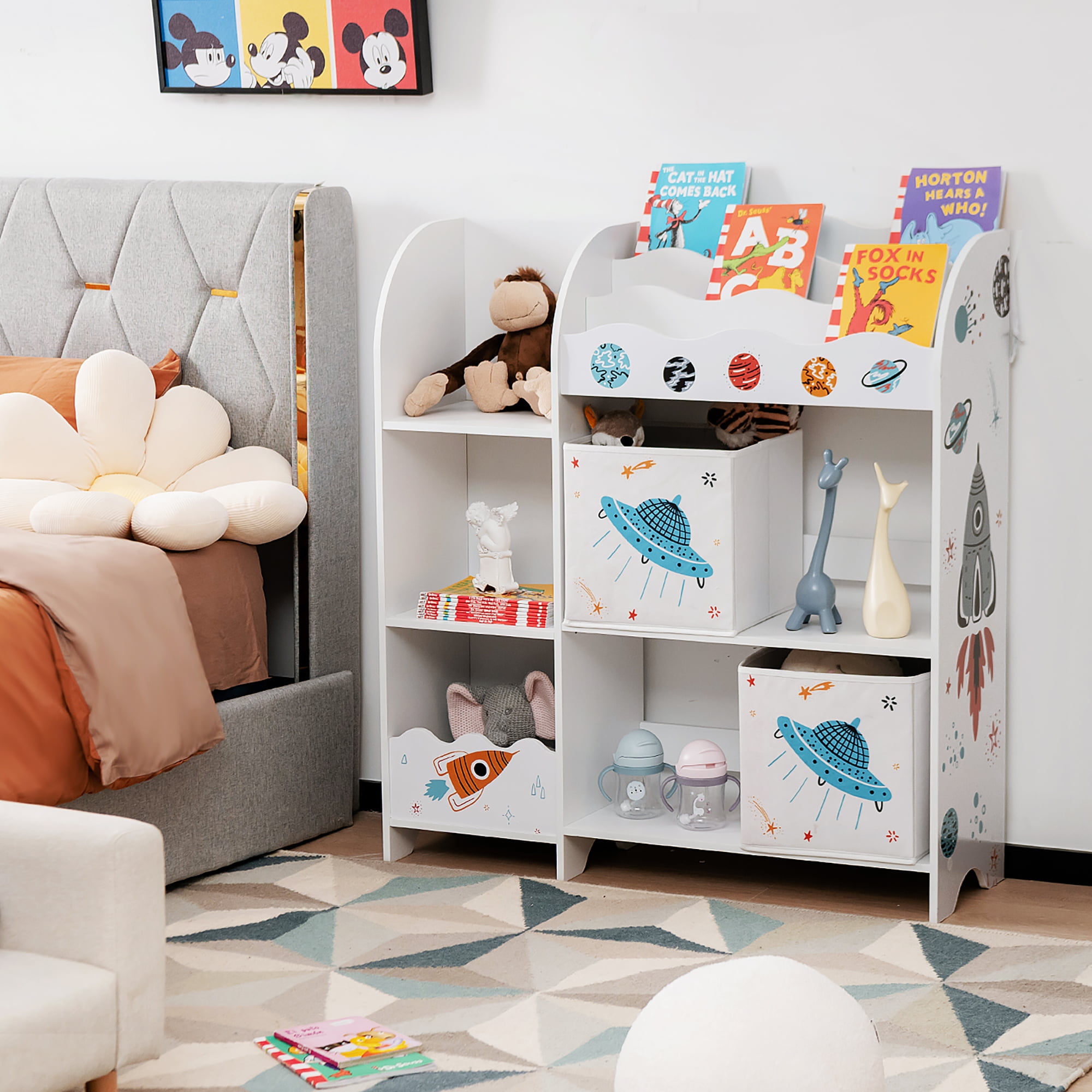 Costway Kids Toy and Book Organizer Children Wooden Storage Cabinet w/ Storage Bins