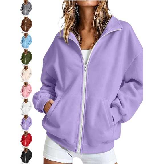 Full Zip Sweatshirt for Women Oversized Stand Collar Long Sleeve Solid Casual Basic Fall Winter Everyday Jacket