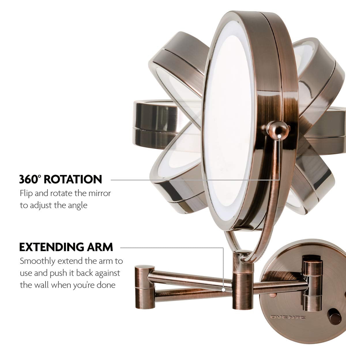 OVENTE Wall Mounted Lighted Makeup Vanity Mirror, 9" Hard Wired Double Sided 1X/7X Magnifying Bathroom Mirror, Dimmable LED Lights, 360° Rotation and 14" Extendable Arm, Antique Brass MPWD3185AB1X7X