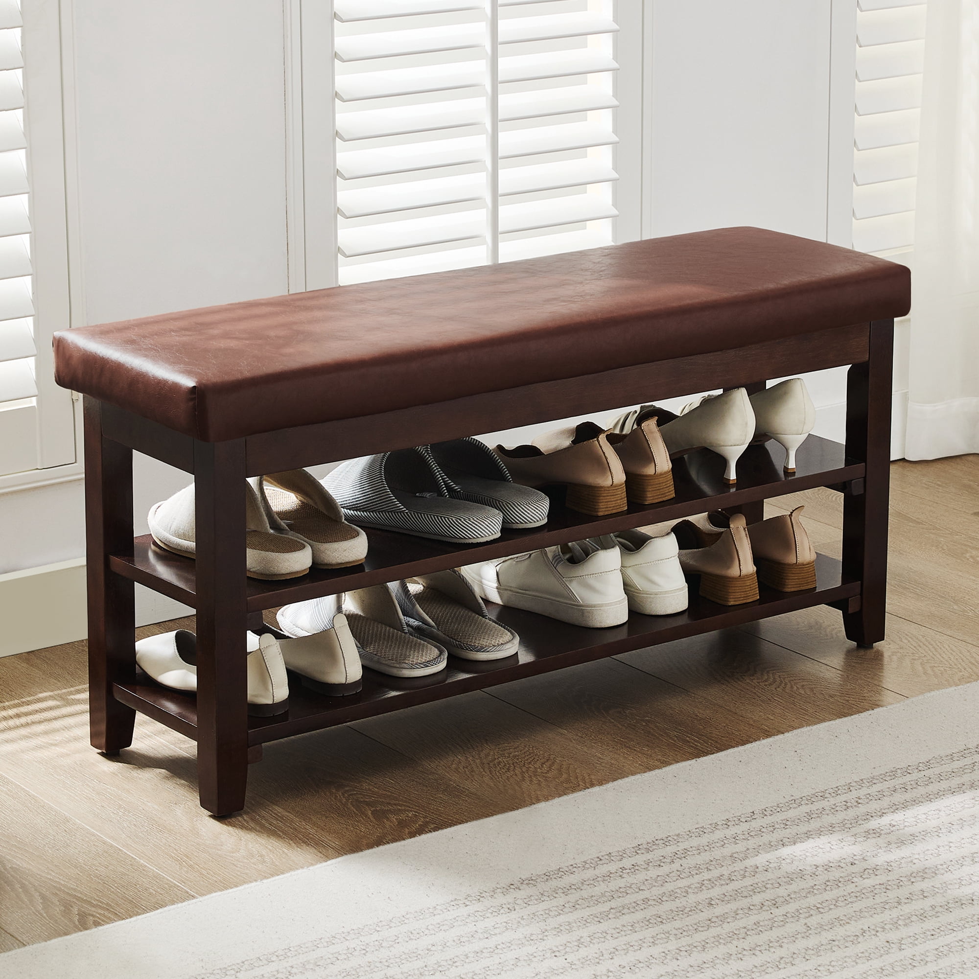 40" Shoe Bench with Leather Cushion, 2-Tier Shoe Rack Entryway Bench, Wood Bench for Front Door Entrance, Mudroom, Hallway, Wooden Shoe Shelves, Shoe Organizer, Shoe Storage, Brown