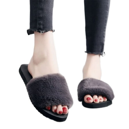 

Faux Furry Slippers for Women Plush fuzzy Open Toe Sandal Slippers Puffy Sandals for Women Slide Slippers House Shoes for Indoor Outdoor Gray