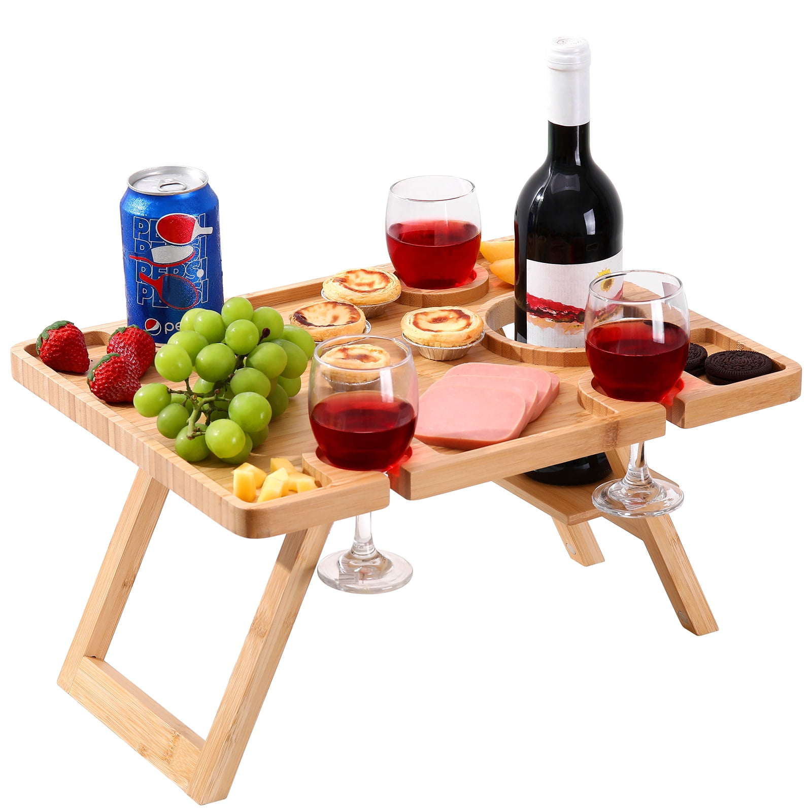 Ollieroo Bamboo Outdoor Folding Picnic Wine Table Portable Beach Table for the Camping, Travel, Party