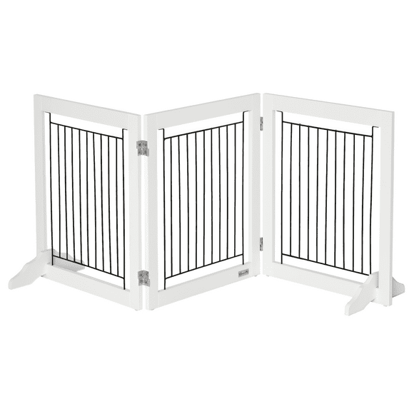 PawHut Freestanding Pet Gate, Folding Dog Gate with 2 Support Feet - White