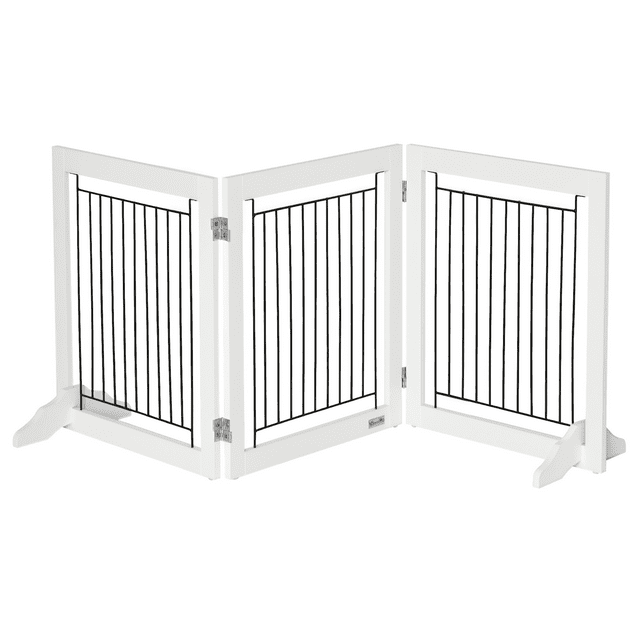 PawHut Freestanding Pet Gate, Folding Dog Gate with 2 Support Feet - White