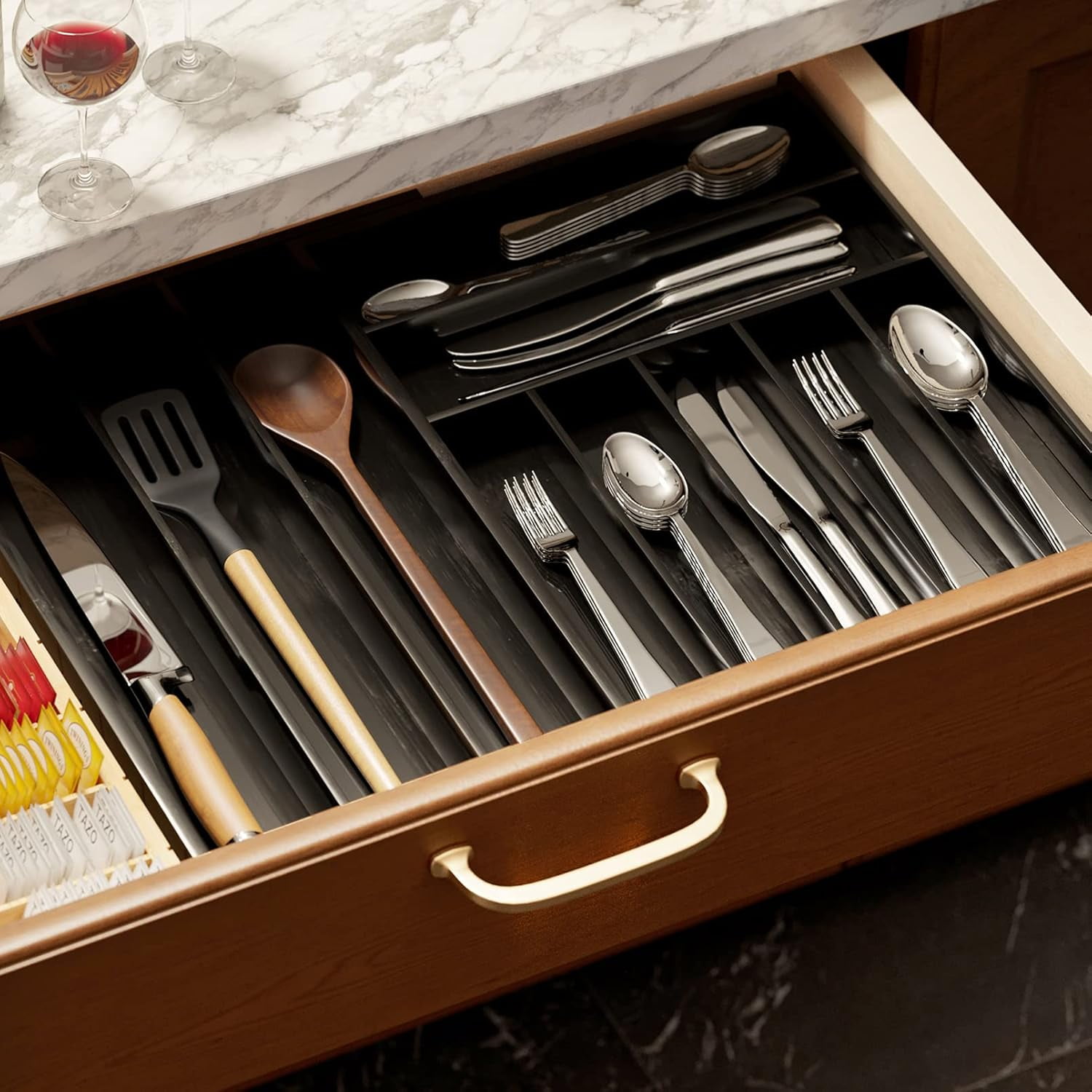 SpaceAid Bamboo Silverware Drawer Organizer with Labels, Expandable, 10 Slots, Black
