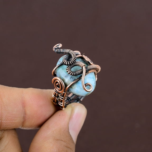 Natural Republic Larimar Gemstone Handmade Copper Wire Wrap Ring Size 7