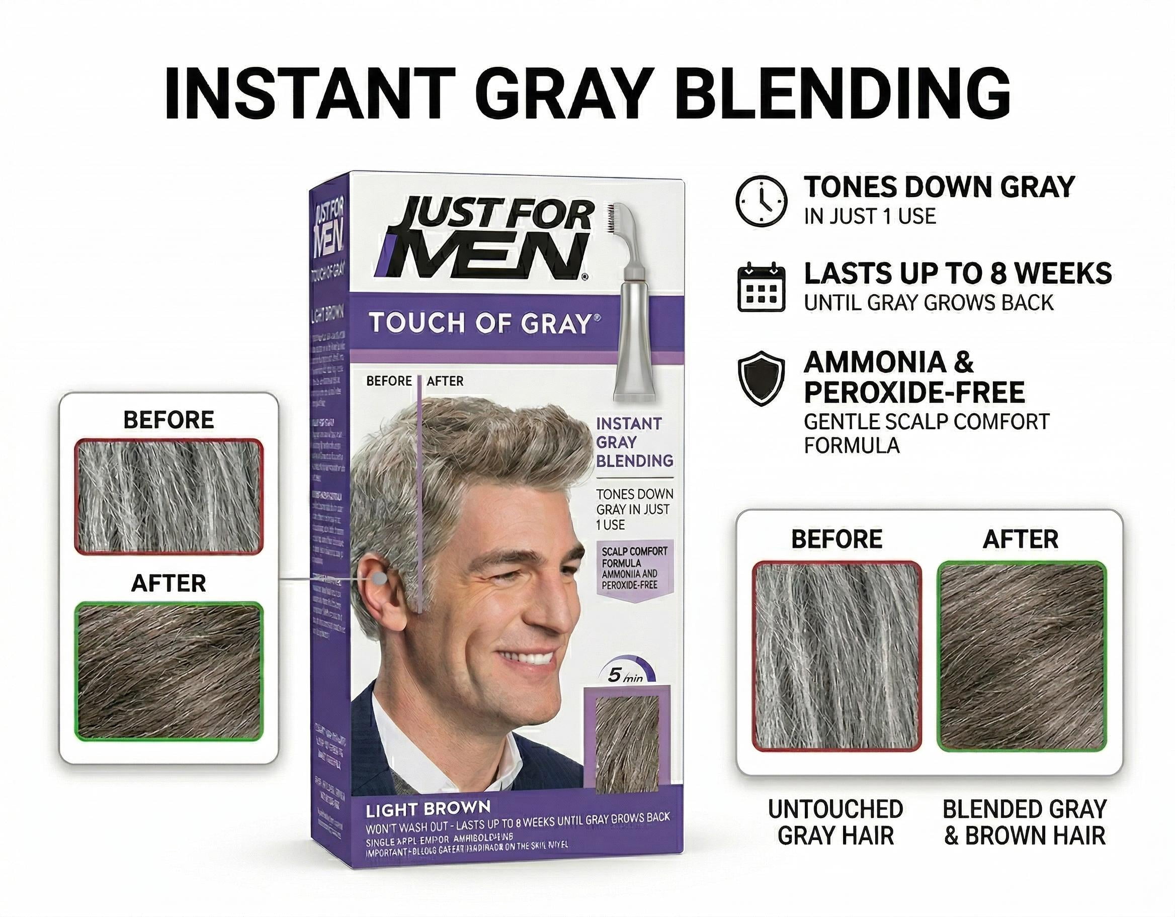 Just For Men Touch of Gray Light Brown 1.4 oz – Men’s Gray Root Blending Hair Color 6 Pack