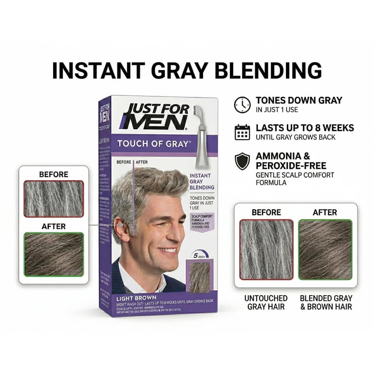 Just For Men Touch of Gray Hair Treatment, T-25 Light Brown, 4pk
