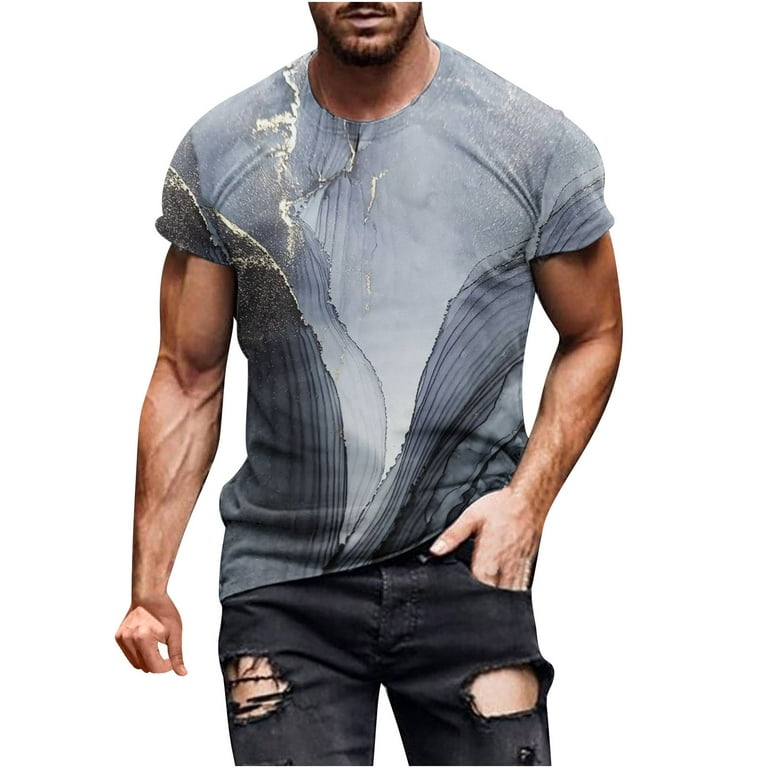 Men's 2024 Summer Short Sleeve Shirt New Fashion Casual T-shirt Vintage  print Sports Sports & Fitness Round-Neck Breathable and comfortable Blouses  Gray L 