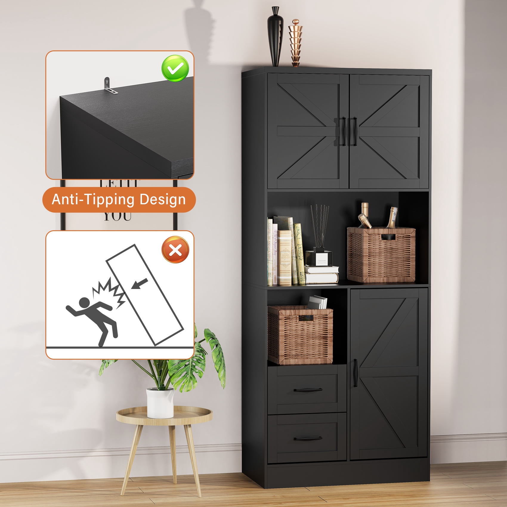 Frmobepts 68" Tall Kitchen Pantry with LED Lights, Free-standing Wood Storage Cabinet with Farmhouse Barn Doors for Dining Room, Black