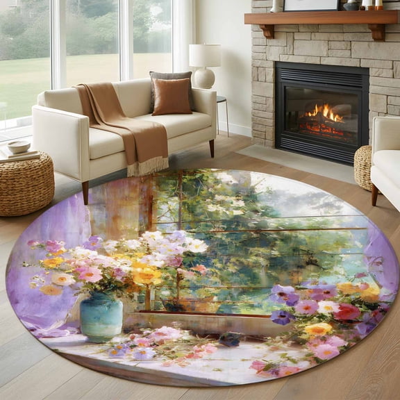 Round Rug 7Ft Washable Non-Slip, Spring Flowers Circle Area Rugs for Living Room Bedroom, Vintage Middle Century Abstract Oil Painting Indoor Floor Mats Carpet Runner for Home Decor Aesthetic
