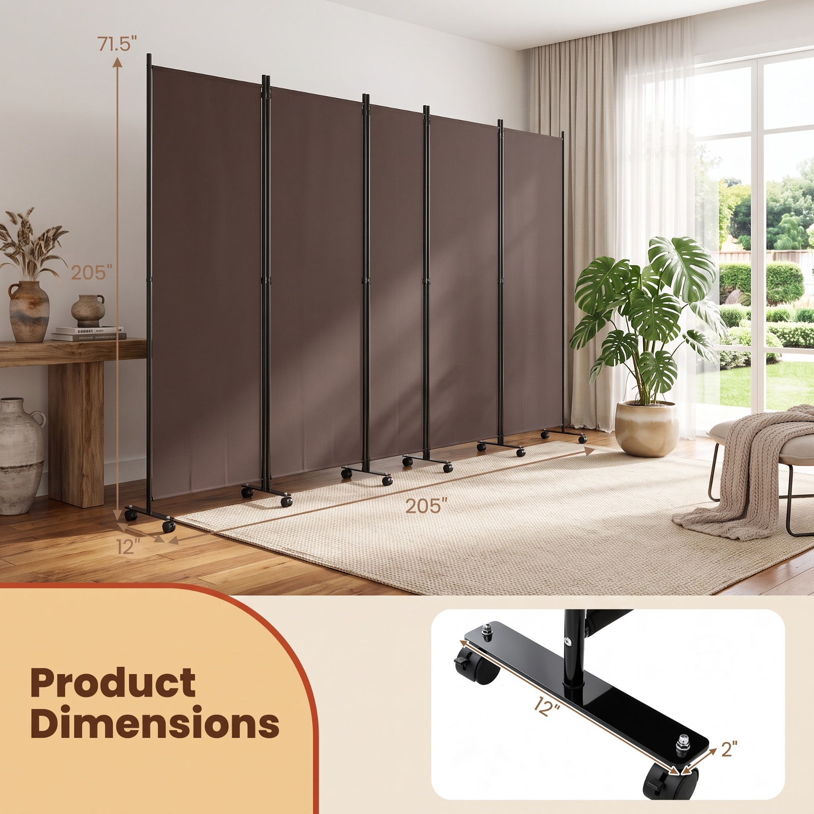 Vebreda 6-Panel Rolling Room Divider Folding Privacy Screen with Lockable Wheels, Freestanding Fabric Partition for Bedroom Office Studio, Coffee