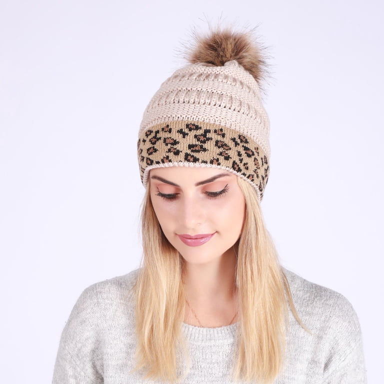 Hats for Women Cable Knit Pompom Warm Leopard Print Cap  display picture 3