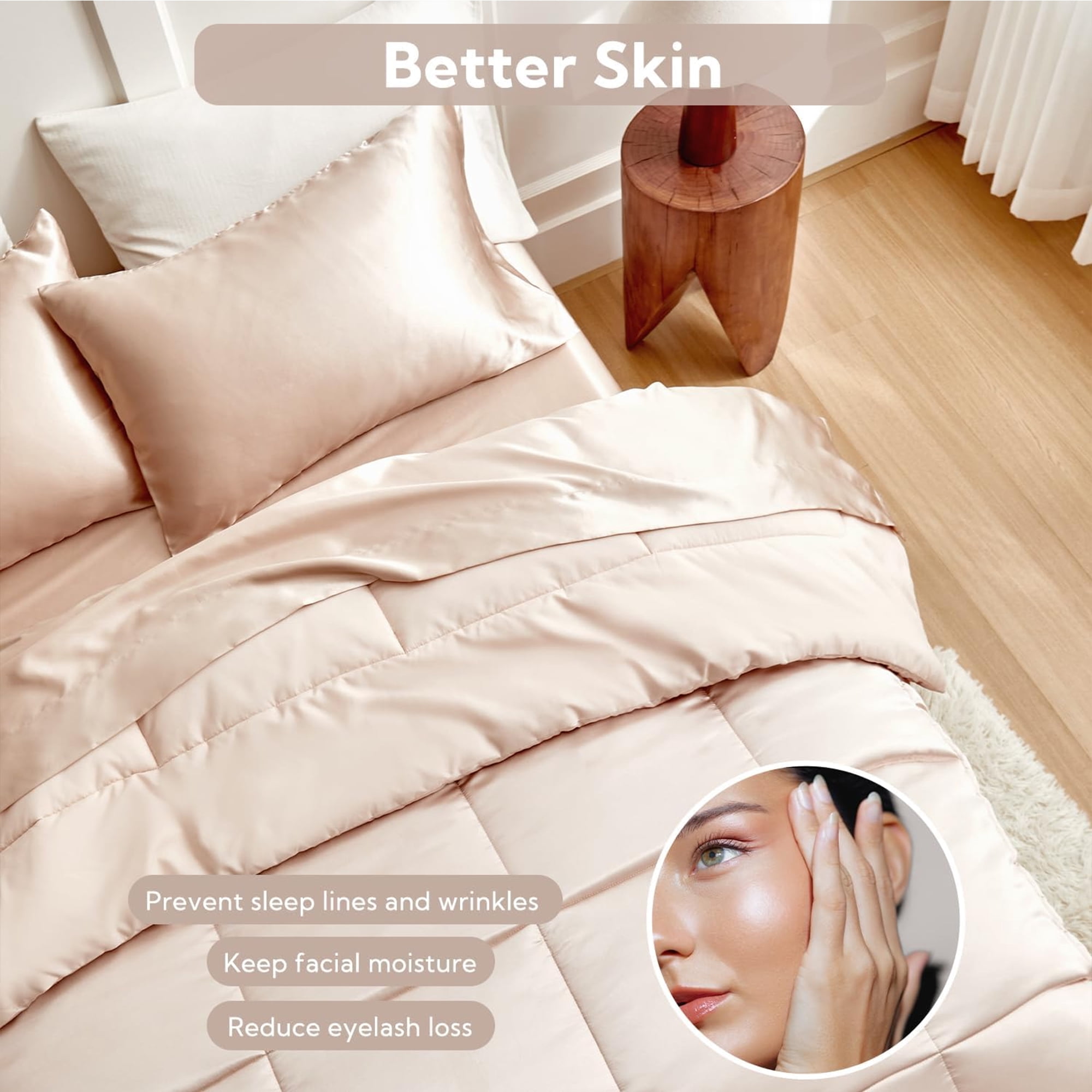 MR&HM Reversible Satin Microfiber Comforter 3 Pieces Queen Size, Champagne Queen Comforter Set for All Seasons, Silky Soft Satin Comforter for Hair and Skin, with Satin Pillowcases Set of 2