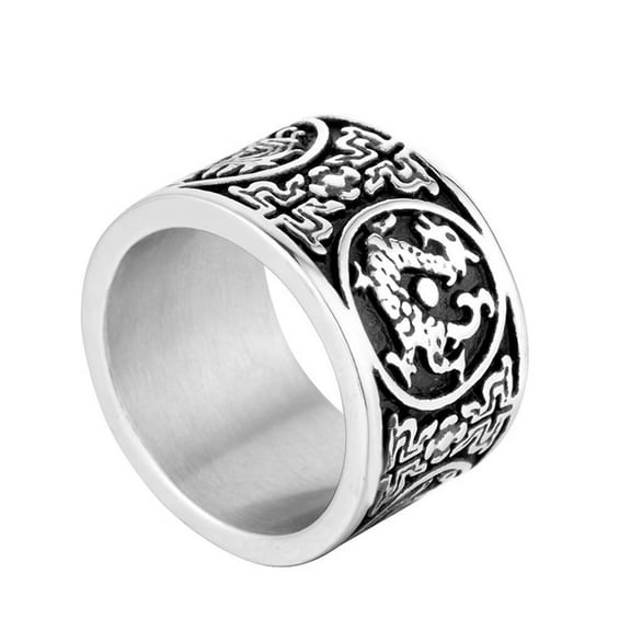 PAMTIER Men's Stainless Steel Ancient 4 Guardian Beasts Signet Biker Ring Carved Dragon, White Tiger, Suzaku, Basalt Lucky Amulet Silver Size 7