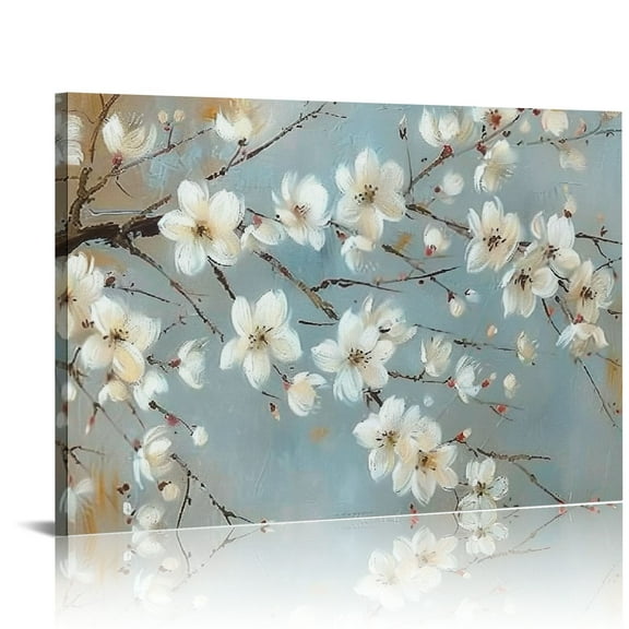 Shadudu Floral Canvas Wall Art Framed: Rustic Flower Painting Gold Foil White Blossom Picture Vintage-Painted Artwork for Living Room Bedroom Home Office 36x24in