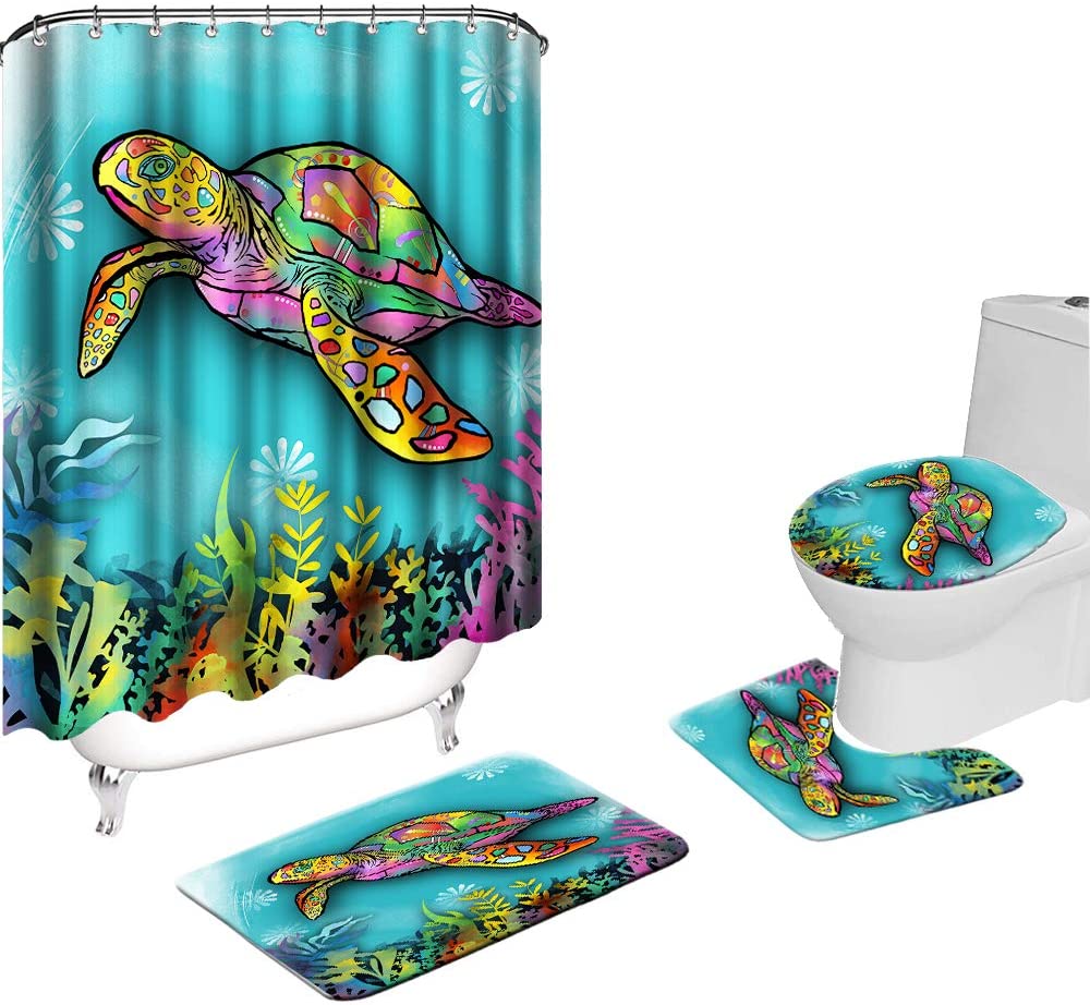 "Happyline" Sea Turtle Shower Curtain Sets with NonSlip Rugs, Toilet