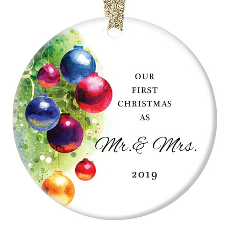 Marriage Ornament 2019, Our First Christmas as Mr & Mrs, Married Man & Women 1st Xmas Wedding Present Colorful Ceramic 3