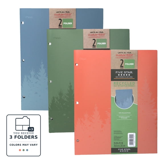 Five Star Recycled 2-Pocket Plastic Folder: 9 in. x 11 in. (Color May Vary) 1 folder [3-pack] 330027-24