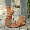 thumbnail image 3 of Rokment Womens Metallic Buckles Dressy Mules Backless Sandals Fashion Casual Leopard Leather Fishnet Mesh Patchwork Closed Toe Flat Slip on Summer Shoes Brown Size 6.5, 3 of 6