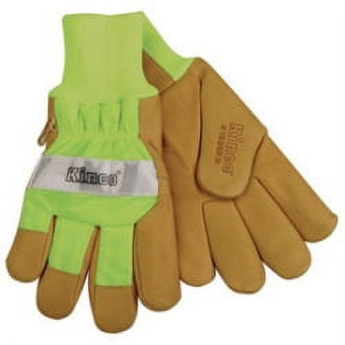 Work Gloves, Grain Pigskin Palm, Hi-Vis Green Back and Cuff, Heatkeep Insulated Lining, Medium