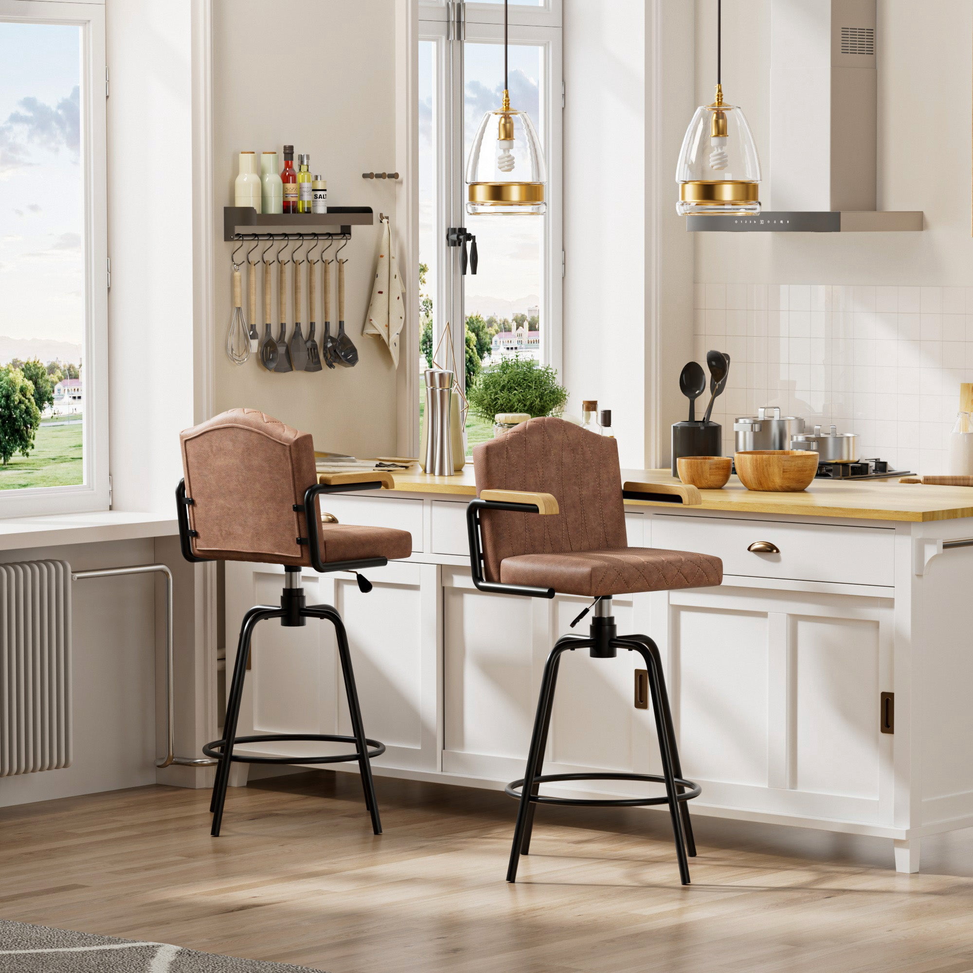 VECELO Swivel Bar Stools Set of 2 with Back and Armrest, Counter Height, Velvet Upholstered Bar Chairs for Kitchen Island & Home, Brown