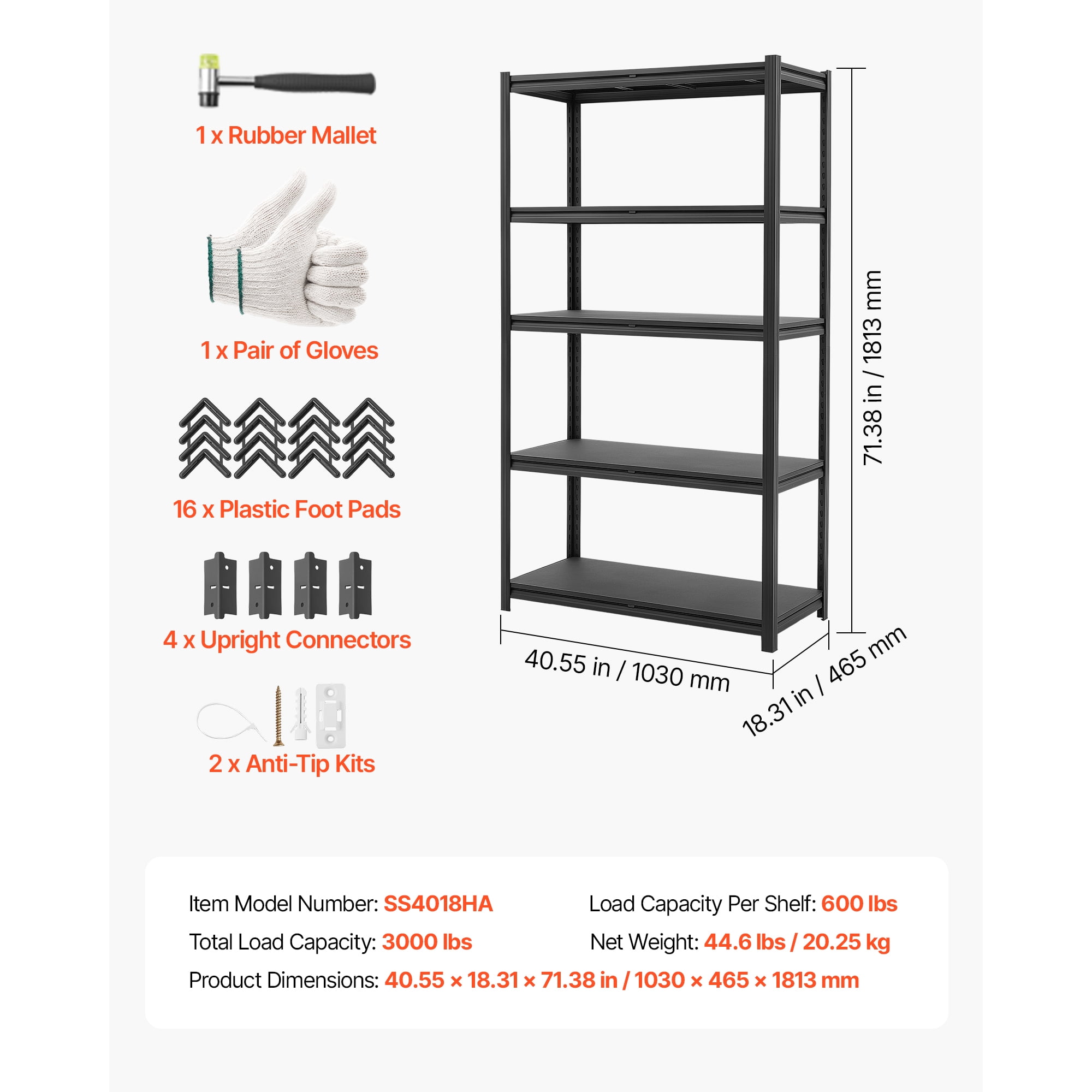 KFFKFF 5-Tier Adjustable Storage Shelves, 3000 lbs Capacity, Heavy-Duty Metal Utility Rack for Garage, Warehouse, Basement, or Kitchen, 40.55" W x 18.31" D x 71.38" H