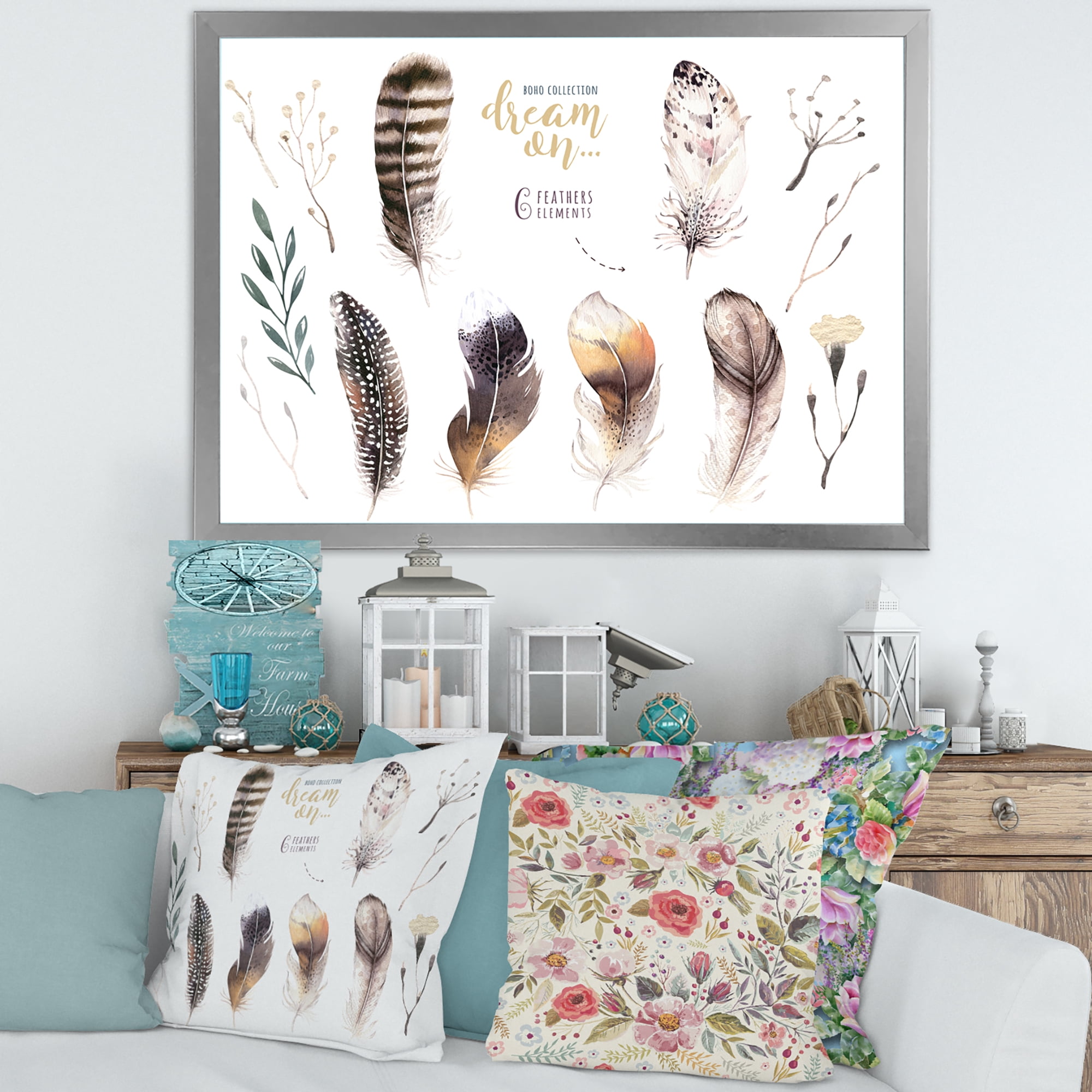 Designart 'VIbrant Orange Boho Feathers' Bohemian & Eclectic Framed Art Print