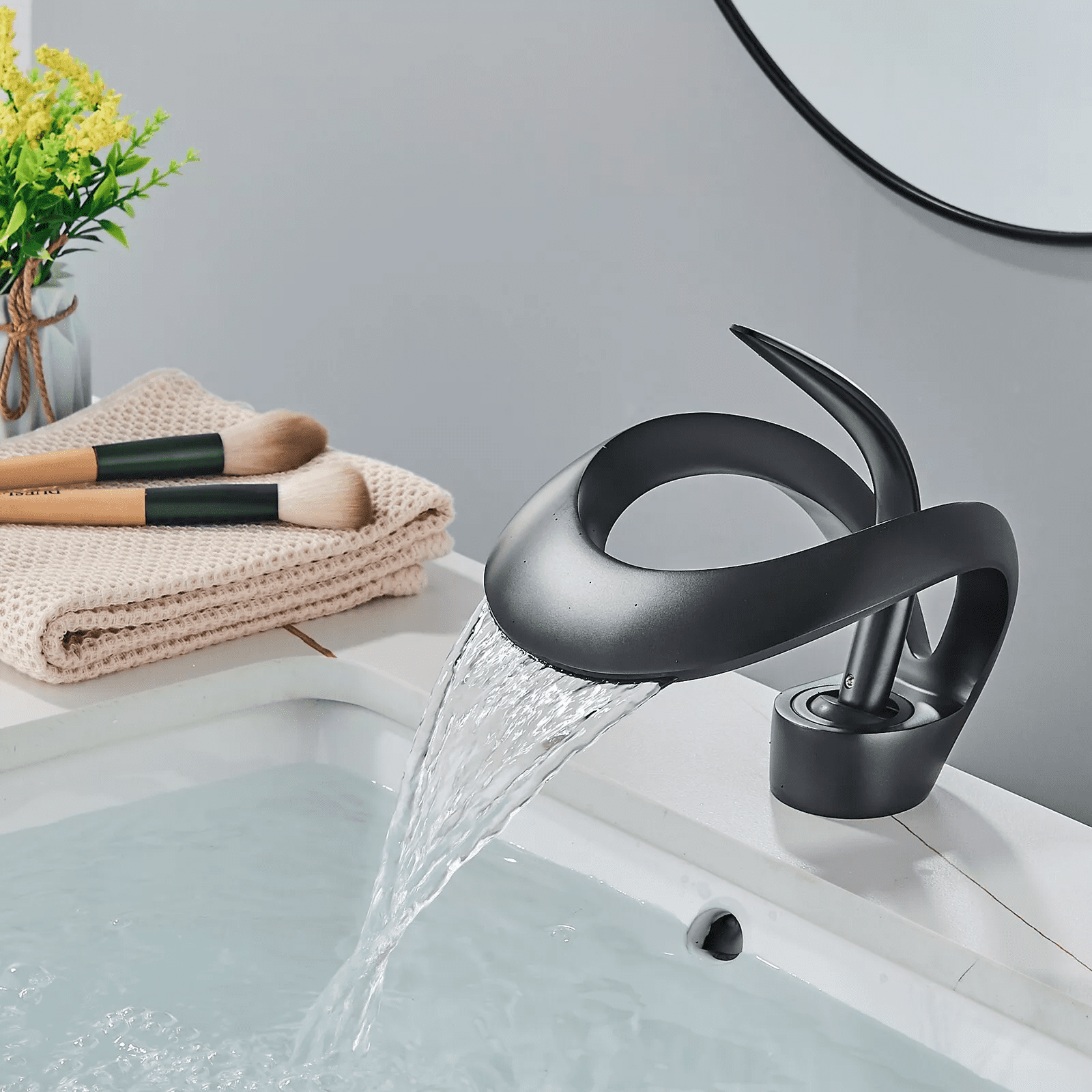 Black Single Handle Bathroom Sink Basin Faucet 1 Hole Waterfall Vanity Mixer Tap