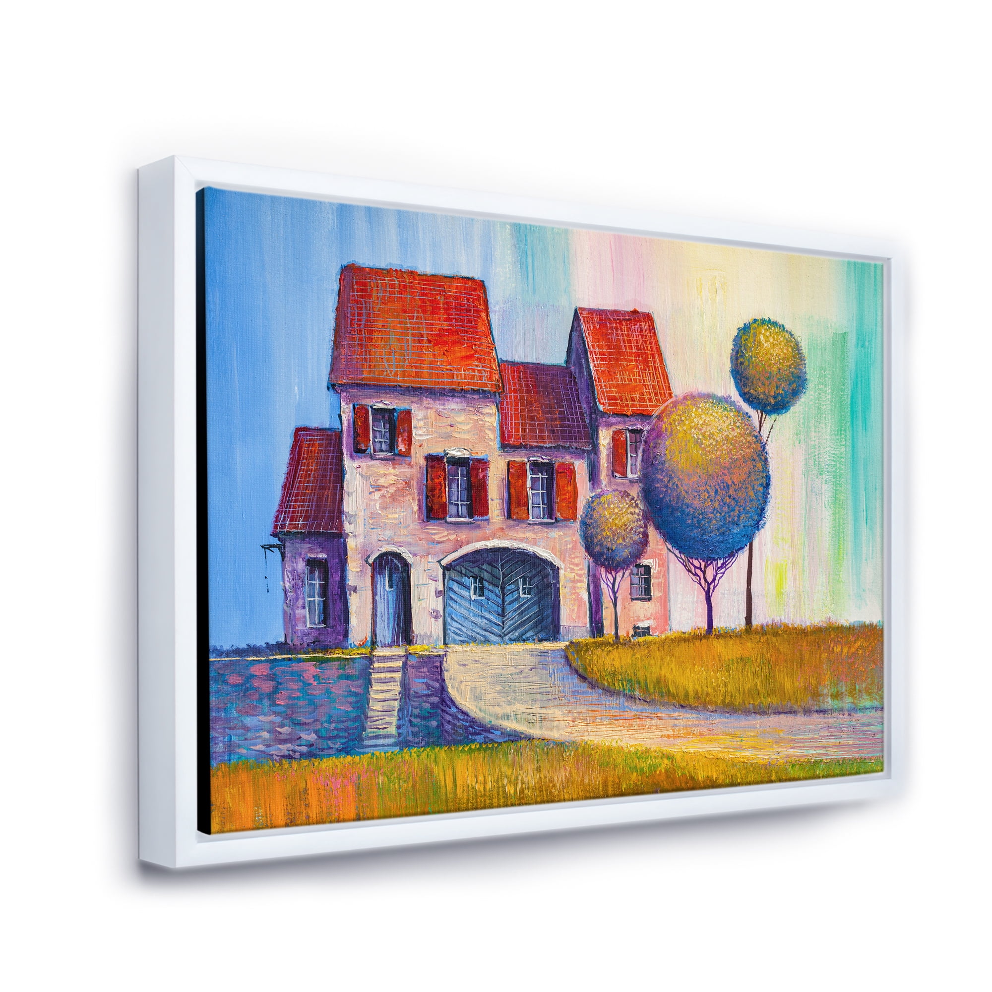 Designart 'A Red Roof House With In The Village' Modern Framed Canvas Wall Art Print