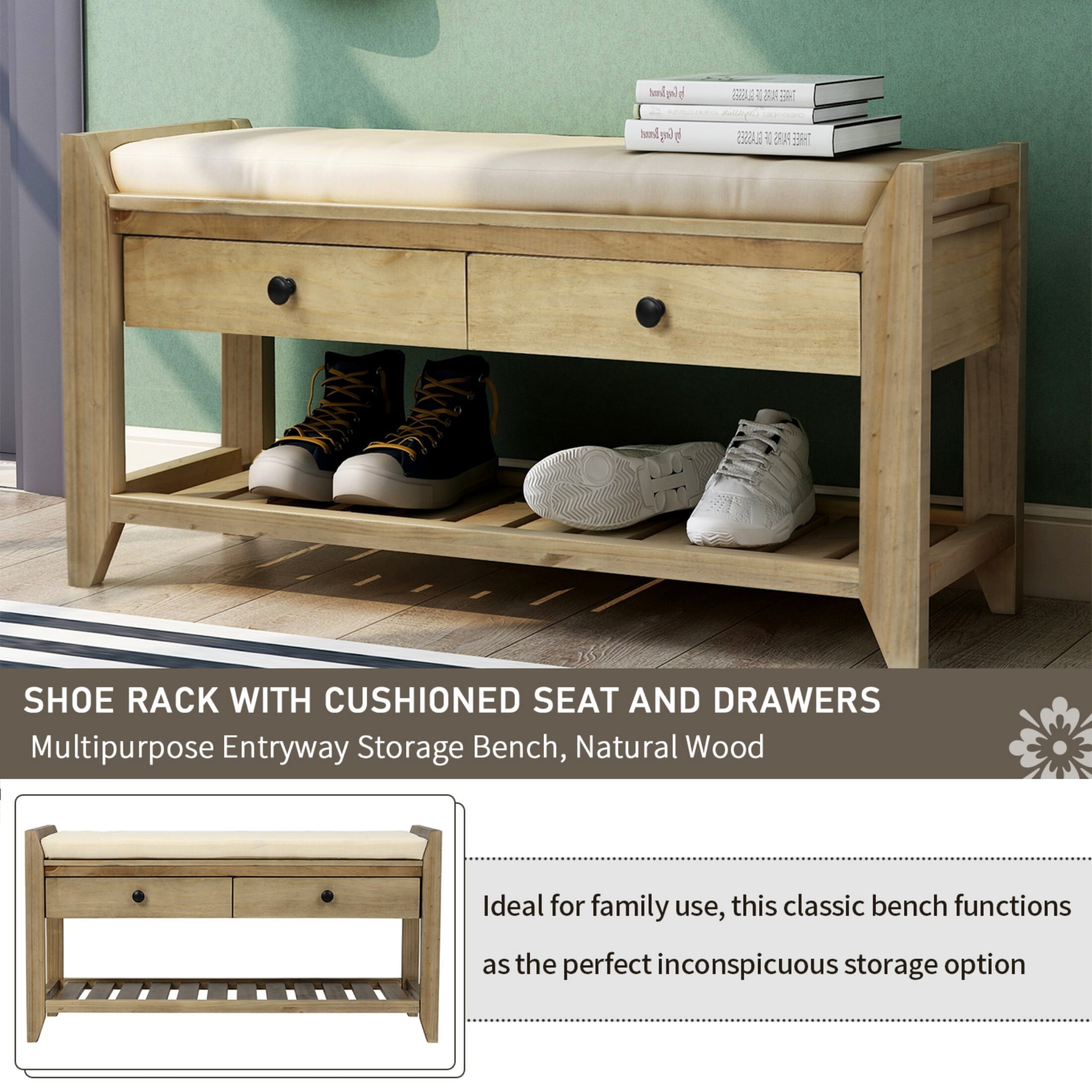 DEALTOPS Vintage Storage Bench with Cushion Seat, Shoe Rack with 2 Drawers, Gray Wash