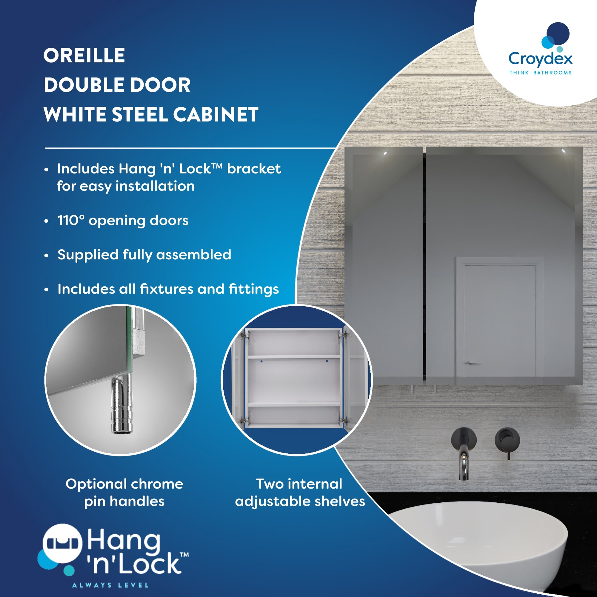 Croydex Oreille Square Double Door White Steel Medicine Cabinet, Mirror Doors (24X24in)