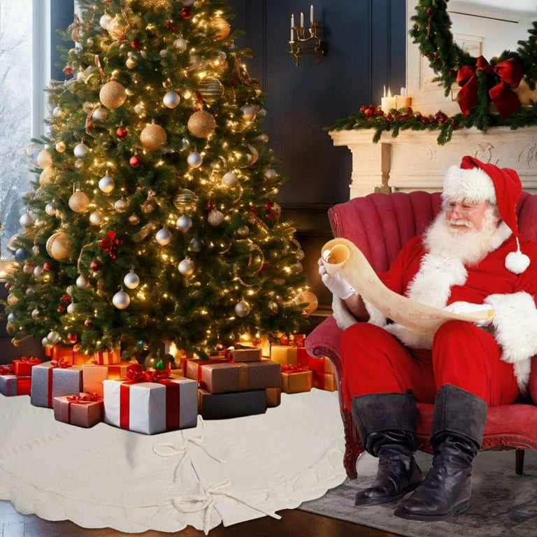 White Knitted Christmas Tree Skirt, 48 In White Cable Knit Christmas Tree Mat Rustic Farmhouse Home Decorations Xmas Holiday Party Decor