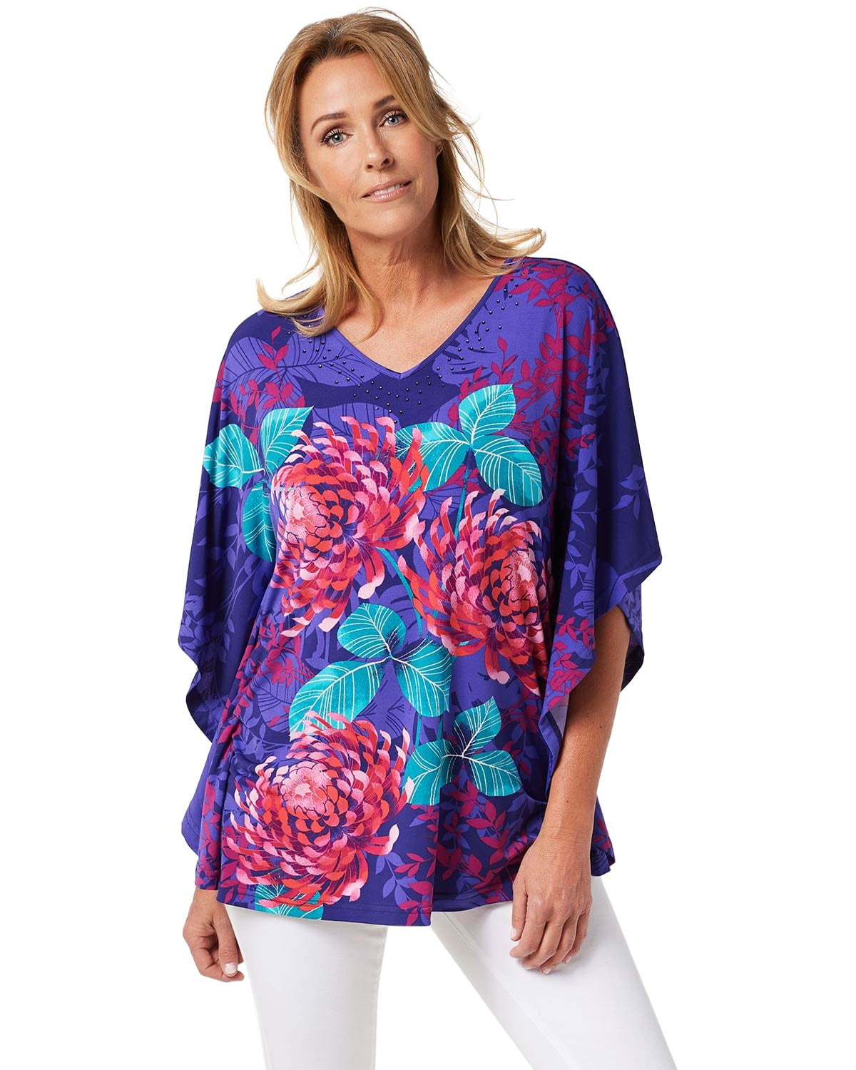 Quacker Factory Quacker Factory Womens Chrysanthemum VNeck Caftan