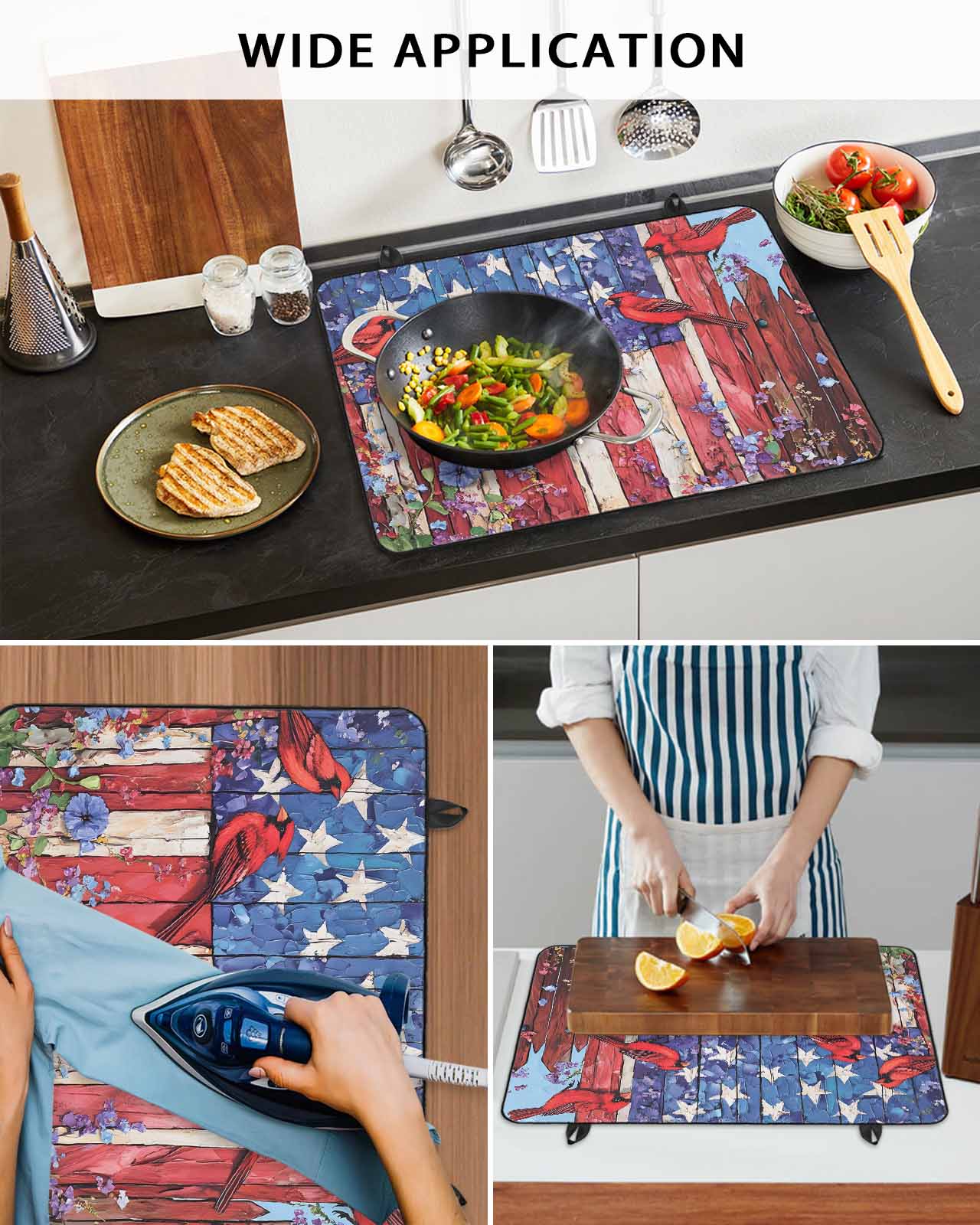 nqOlkjepod Large Induction Cooktop Protector Mat 36"x21", American Flag Stove Top Covers for Electric Stove, Red Blue Star Stripe Patriotic Floral Bird Stove Burner Cover Mats, Glass Top Stove Cover