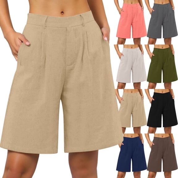 Shorts for Women Dressy 2026 Summer Elastic High Waisted Solid Color Bermuda Shorts Loose Fit Knee Length Beach Shorts with Pockets