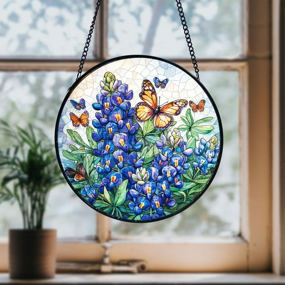Texas Bluebonnet with Butterfly Stained Glass Suncatcher Nature Window Hanging Garden and Home Decor Gift