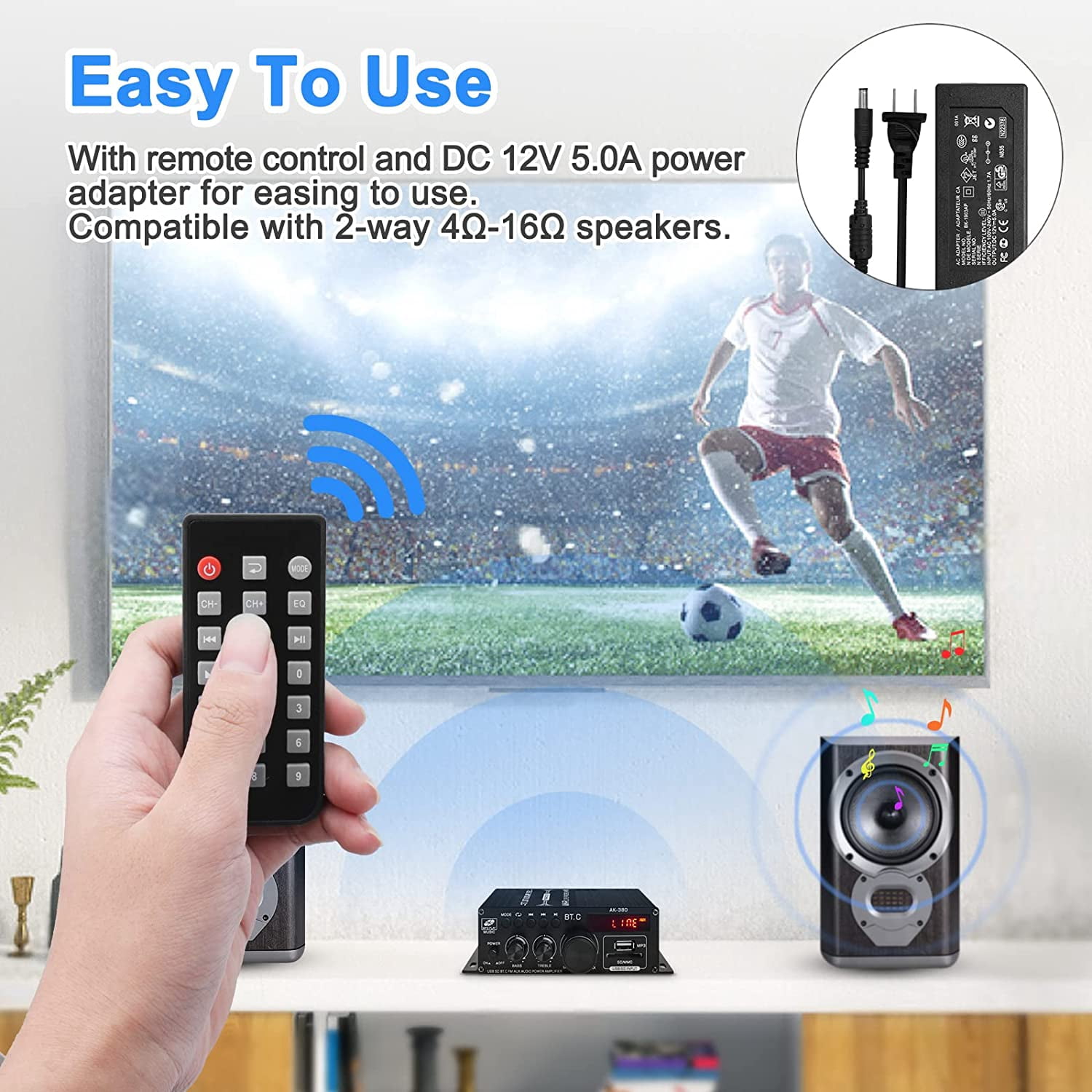 Audio Power Amplifier,Home Stereo Amplifier Receiver,Hifi Stereo AMP Speaker Bluetooth 5.0 Amp Receiver with 12V 5A Power Supply,Remote Control,FM Antenna for Car Home Bar Party