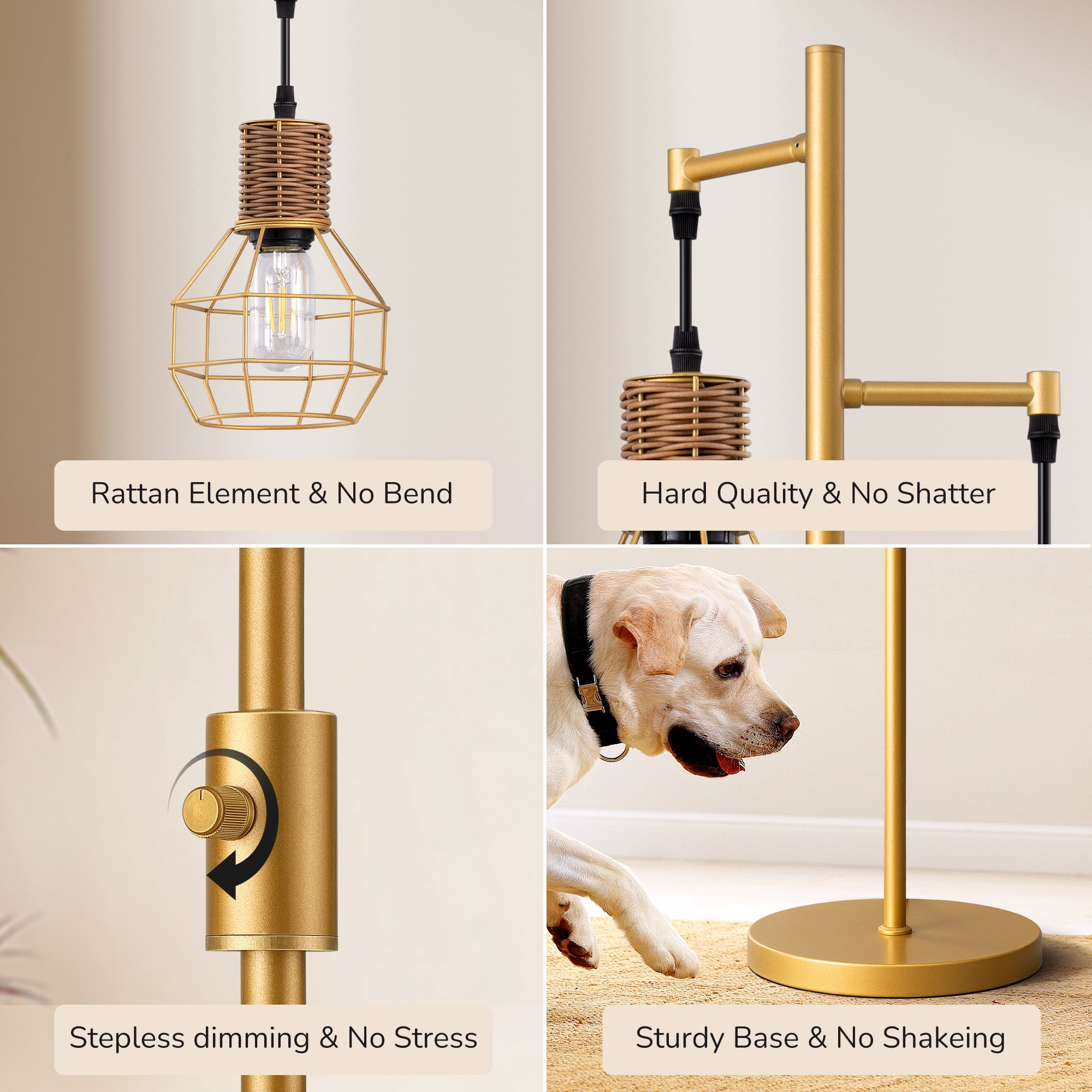 EDISHINE 64.7inch Industrial Gold Floor Lamps for Living Room Clearance, Dimmable, Metal Tree Standing Lamps for Bedroom, Office, LED Light Bulbs Included, Gold