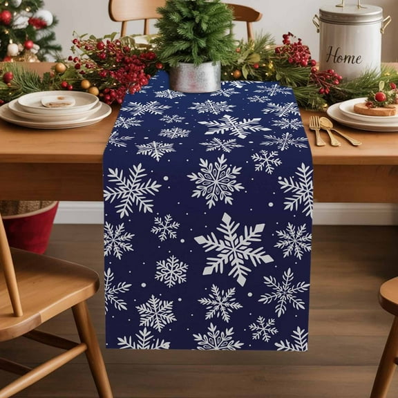 Christmas Snowflake Seamless Table Runner 13x36in Non-Slip Cotton Linen Table Runners, Winter Snow on Navy Blue Gradient Dresser Scarves TableRunner for Dinner Kitchen Dining Wedding Party