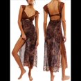 thumbnail image 3 of Vestidos Largos de Verano Y2K con Encaje, Retazos, , Estampado Floral, Escote Corazón, Espalda Descubierta y Abertura para Mujer Marrón Oscuro S, 3 of 7