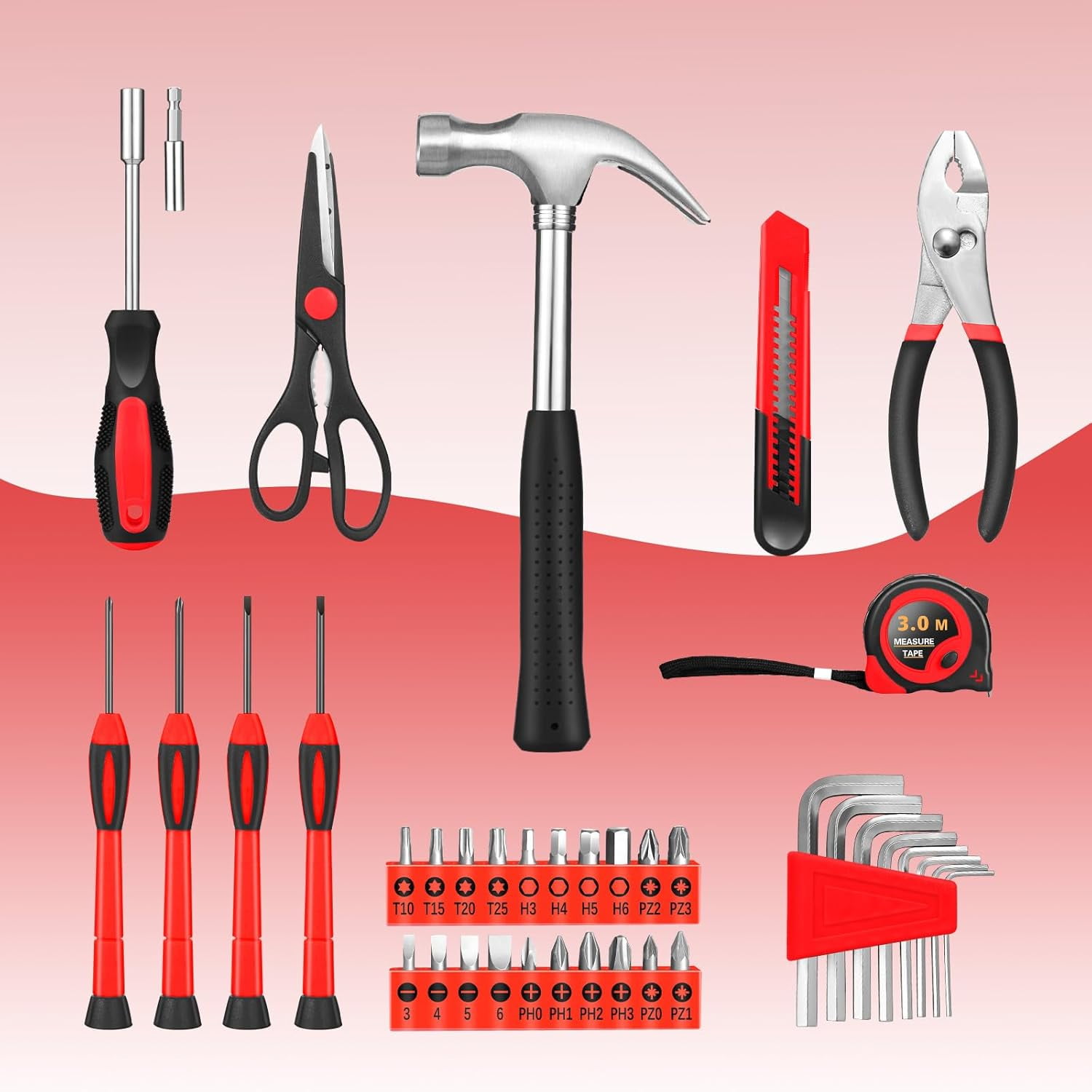RGHJAR-39 Piece Home Tool Kit General Household Hand Tool Set small tool box with Toolbox Storage Case for Everyday Home Repairs, Mini Tool kit for Women,Red