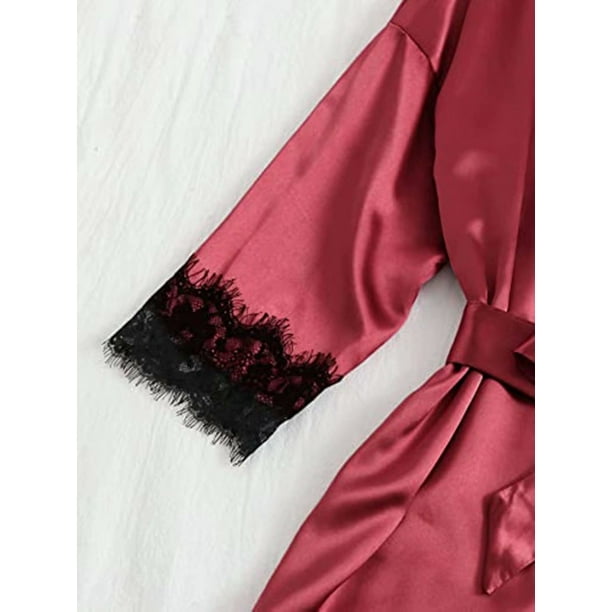 Diannasun Women s Sleepwear 4pcs Floral Lace Trim Satin Cami Pajama Set With Robe Red Wine 4pcs Xl Other Xl