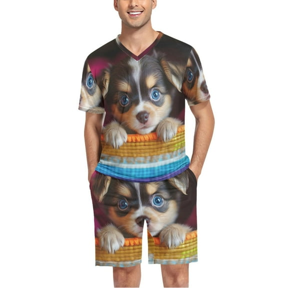 joogoo Men's Pajama Set Cute Dog V-Neck Pj Shorts Set 2 Piece Loungewear Sleepwear L