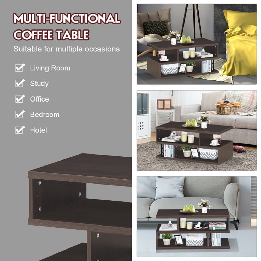 Finihen Rectangular Coffee Table, 3-Tier Rectangular Modern Coffee Table with Storage Shelf, for Living Room, Reception Room, Office, Brown Finihen Rectangular Coffee Table, 3-Tier Rectangular Modern Coffee Table with Storage Shelf, for Living Room, Reception Room, Office, Brown