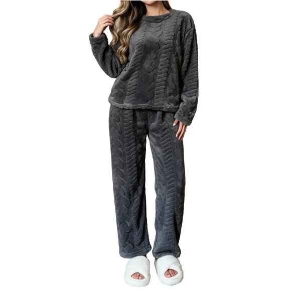 Gamivast Women's Fuzzy Fleece Pajama Set Cable Knit Long Sleeve Crewneck Top Pants Sleepwear Cozy Loungewear Winter Warm 2 Piece Sweatsuit