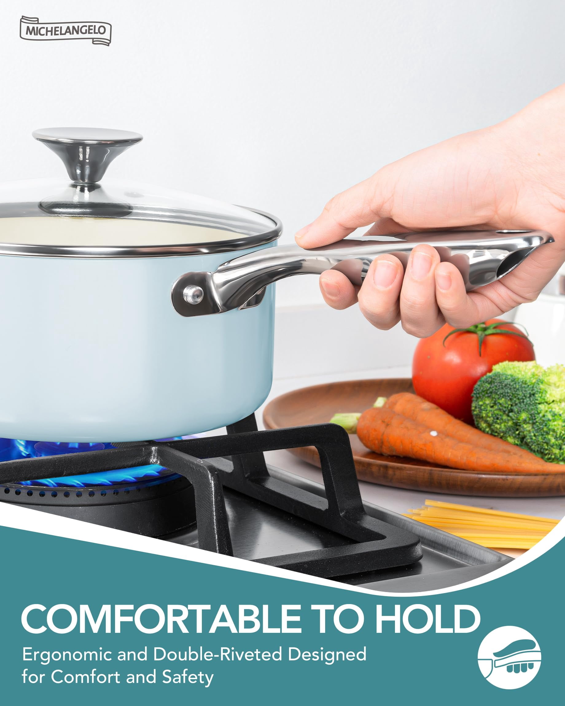 MICHELANGELO Pots and Pans Set Non Stick - Ceramic Cookware Set, 8-Pcs Nonstick Pots and Pans with Ergonomic Handle, Dishwasher Safe & Induction Compatible, Blue